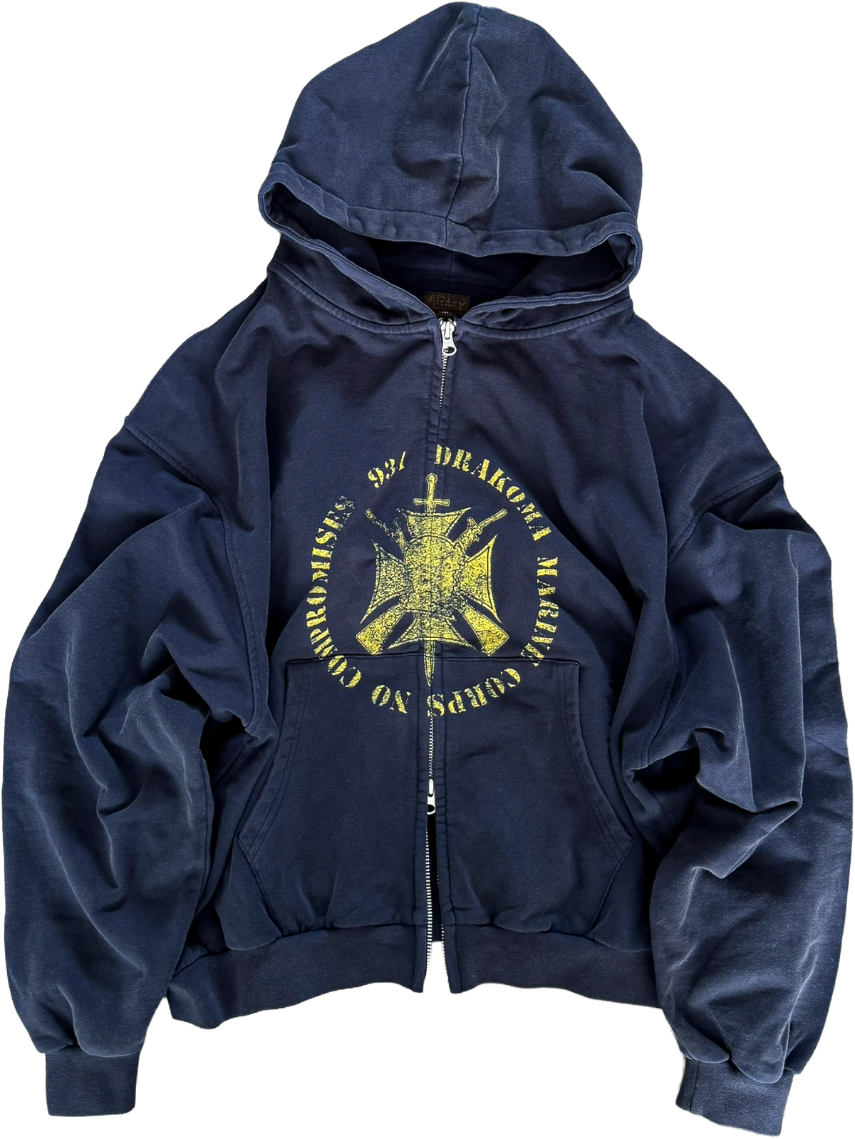934 Vintage Navy Corps Zip-up laid flat, front: washed navy hoodie with distressed yellow crest graphic