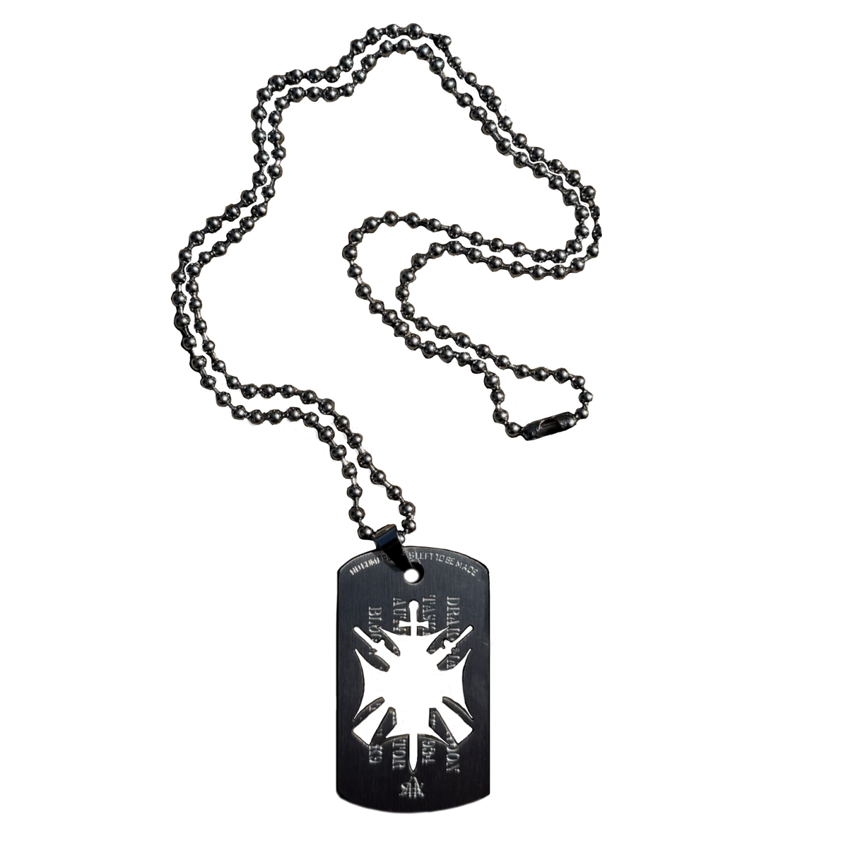 Task Force 934 Dog Tag on its adjustable ball chain: black laser-engraved stainless steel tag