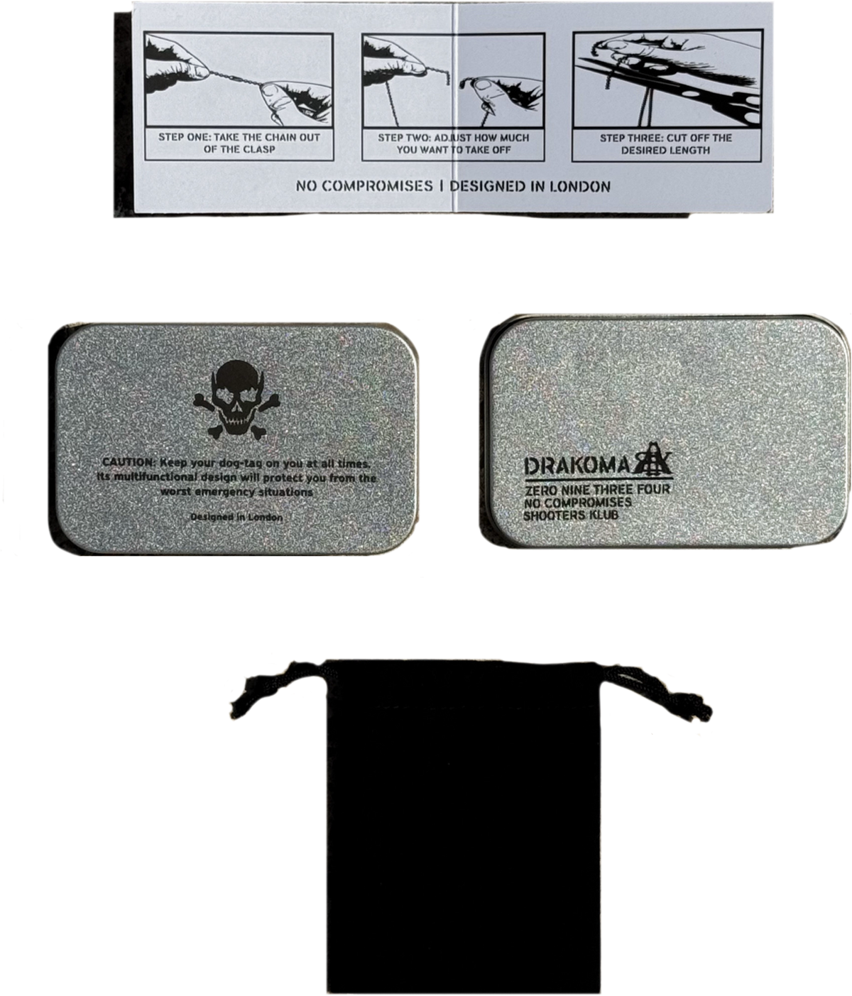 Task Force 934 Dog Tag contents: sizing guide, metal storage tins and black drawstring pouch